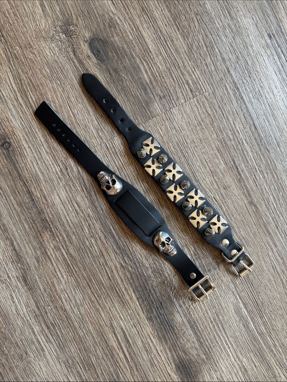 Black Leather Skull Bracelets with Silver Studs
